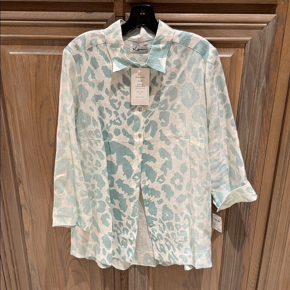 iLinen Lifestyle Linen Shirt w Pockets (Leopard Teal) NWT